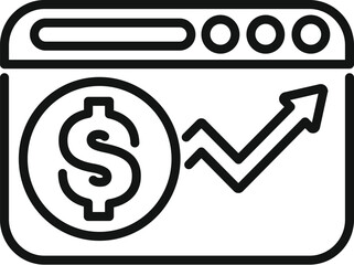 Simple line art illustration showing a web browser window displaying an increasing dollar sign chart, perfect for topics like online business growth and financial success