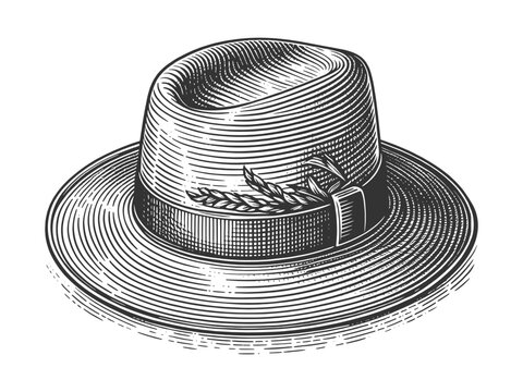 recommend clip art: fedora hat in an engraving style, highlighting its timeless fashion design and elegance sketch engraving generative ai vector illustration. Scratch board imitation. Black and white image.