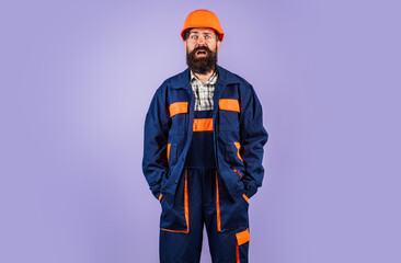 Builder concept. Builder foreman. Caucasian man worker in helmet. Worker in helmet isolated on studio background. Construction worker in helmet at building. Site manager.