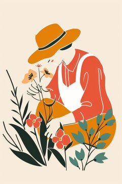 a woman in a hat and overalls is picking flowers