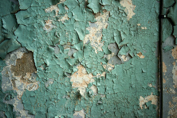 A photo of the texture of an old wall with cracked paint. The paint is falling off the wall in the building.