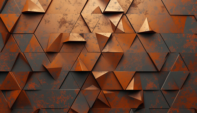 Polygonal rust metal wall, triangular pattern, corten background, orange, sci fi, futuristic