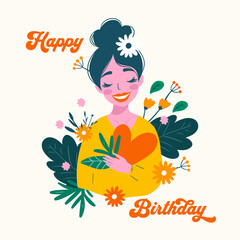 Happy Birthday vector greeting happy woman with heart flowers in a cartoon flat style. Vector greeting love card for mom mother daughter and friend lady.