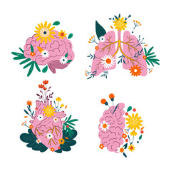 Cartoon human organs with flowers in flat style brain lungs heart health healthcare symbols