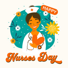 Happy Nurses Day. Vector greeting card for nurse woman. Professional medical holiday celebration in vector cartoon flat style with flowers