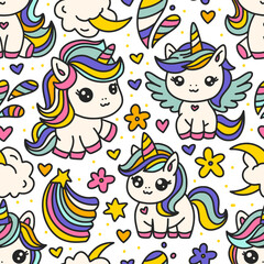 Cute Cartoon Unicorns Seamless Pattern. Unicorn Animal And Rainbow. Kids Birthday And Baby Shower Vector with Moon Cloud and Flowers