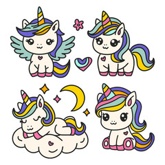 Set Of Cute Cartoon Unicorns Isolated On A White Unicorn Animal And Rainbow. Kids Birthday And Baby Shower Vector