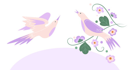 Graceful birds.The bird among the flowers sings, the bird flies.Pastel colors.Flat vector illustration