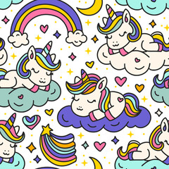Cute Cartoon Unicorns Seamless Pattern. Unicorn Animal sleeping on a Cloud And Rainbow. Kids Birthday And Baby Shower Vector