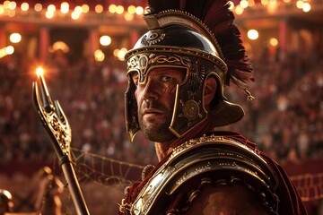 fierce Roman gladiator, illuminated by a glowing trident, stands poised for battle in the Colosseum, his plumed helmet and intricately engraved armor reflecting the cheers of the crowd.