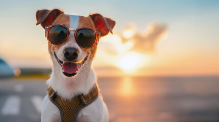 A dog wearing sunglasses, sitting at an airport runway during sunset, with a blurry airplane in the background. Copy space.
