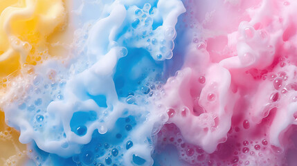 Abstract colorful foam textures in yellow, blue, and pink hues with bubbles and frothy details.