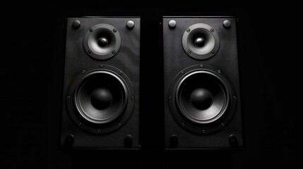 Fototapeta premium Pair Of Black Loud Speakers Isolated on black background. Generative AI