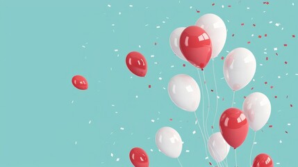 Fototapeta premium Red and white balloons with confetti on a blue background.
