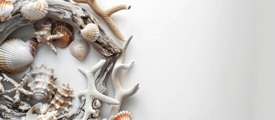 Obraz premium Sea Shell Wreath and Driftwood Arrangement on White Background: Abstract Artistic Display of Seaside Beauty. Top View with Copy Space.