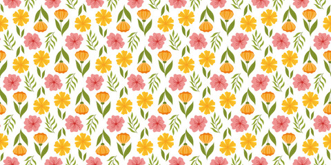 Seamless design with floral elements. Botanical-inspired repetitive fabric or wallpaper pattern with orange flower on stem with leaf, yellow flower, cherry blossom, and leaves.