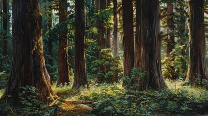 Obraz premium Capturing the contrast between the dark trunks of ancient trees and the vibrant green undergrowth in an old-growth forest, emphasizing the timeless beauty of nature 