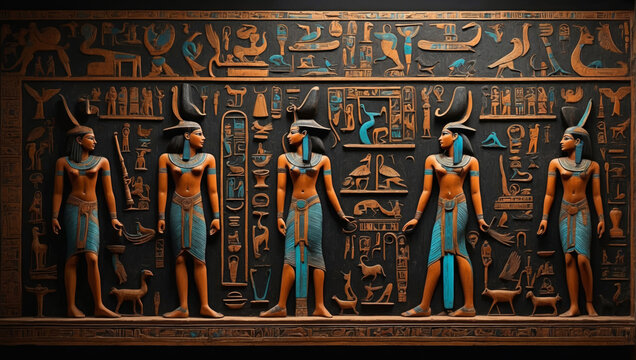 Egyptian hieroglyphs on a pyramid wall