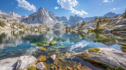 Capturing the serenity of a remote mountain lake nestled among towering peaks, with clear blue skies reflected in the crystal-clear water 