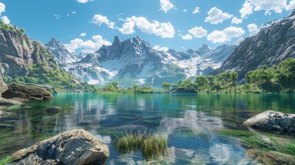 Capturing the serenity of a remote mountain lake nestled among towering peaks, with clear blue skies reflected in the crystal-clear water 