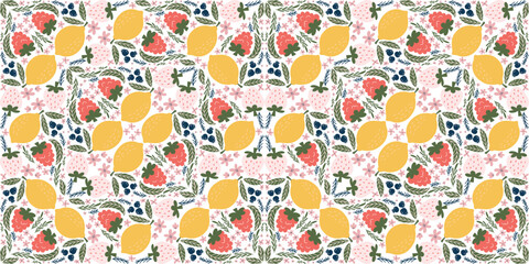 Vibrant seamless pattern featuring white strawberries, raspberries, lemons, blackberries, pink flowers, and green leaves, arranged in a whimsical diamond-shaped layout.