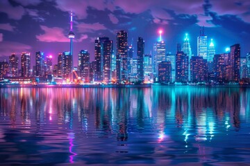 Featuring a vibrant city skyline reflected in the calm waters of a river at night, with colorful lights creating a mesmerizing urban landscape 