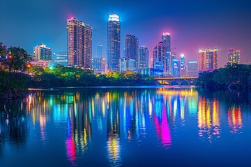 Fototapeta premium Featuring a vibrant city skyline reflected in the calm waters of a river at night, with colorful lights creating a mesmerizing urban landscape 