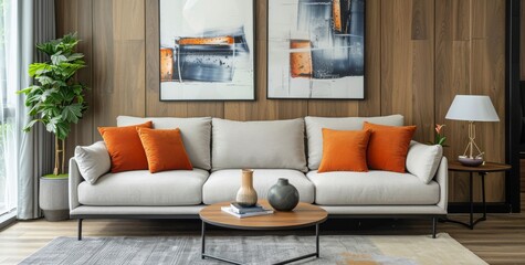 Modern Living Room Interior With White Sofa And Wooden Wall