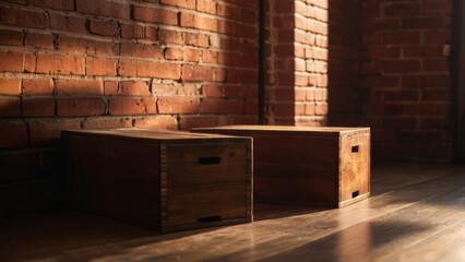 Wooden boxes against a red brick wall and wooden floor