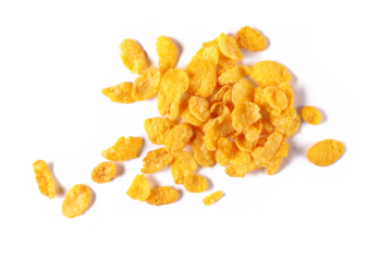Crunchy corn flakes, cereal, muesli pile isolated on white background, top view
