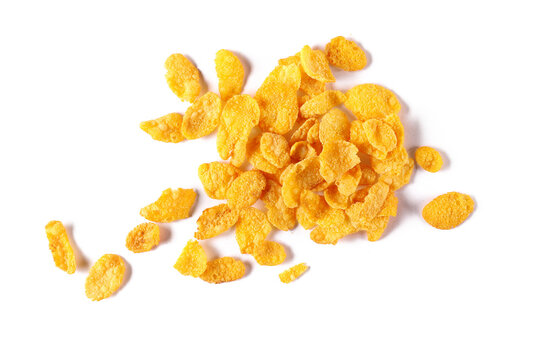 Crunchy corn flakes, cereal, muesli pile isolated on white background, top view
