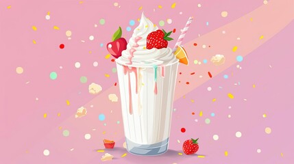 A tall milkshake with whipped cream, strawberries and a straw on a pink background.