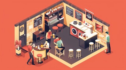 Fototapeta premium Isometric illustration of a bustling bar with customers and bartenders.