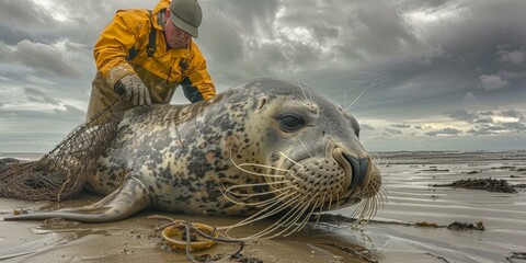 A wildlife conservationist carefully removes a fishing net from a seal that got trapped in it. AI.