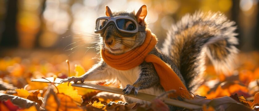 A squirrel wearing a scarf and aviator goggles is sitting on a fallen tree branch. AI.