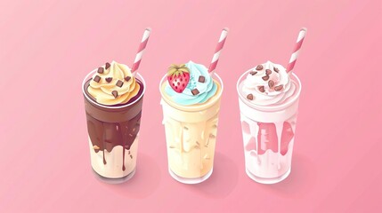 Three delicious milkshakes with chocolate, strawberry, and vanilla flavors.