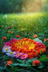 Ants have created a circle of flowers and leaves. AI.