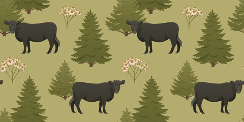 Black cow on green meadow seamless pattern. Farm animal with trees, spruce and wild flowers. Earthy color palette illustration. Wallpaper design for home decoration, fabric and print.