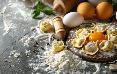 Fototapeta premium Raw Homemade Tortellini With Egg Yolk on Wooden Cutting Board