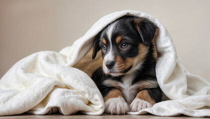 Cute puppy in a white blanket on a light background in the studio