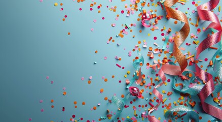 Pink And Blue Confetti And Ribbon Scattered On A Blue Background