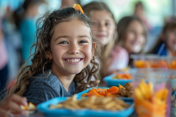 Happy Elementary School Student Smiles While Eating Snacks at Lunch