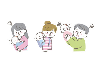 赤ちゃんが泣き止まなくて困っているお父さんお母さんのイラスト