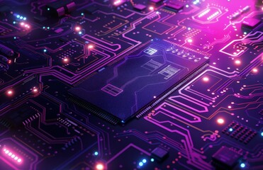 Obraz premium Close Up View of Illuminated Circuit Board With Central Processing Unit