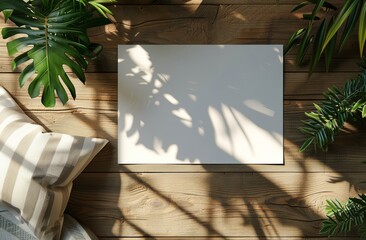 White Blank Canvas on Wooden Floor With Greenery and Natural Light