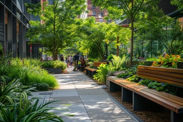 Sunlit Brick Path Lined With Trees and Planters in a Modern Urban City Setting