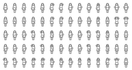 Pregnant woman in different poses as the result of state of health, symptoms, mood, condition during pregnancy. Set of outline icons (thin line vector). Front view. Editable Strokes
