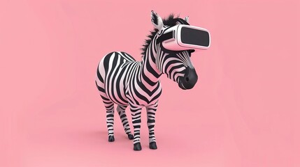 A zebra wearing virtual reality headset against pink background.