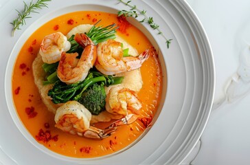 Creamy Pumpkin Soup With Roasted Cauliflower, Broccoli, and Shrimp