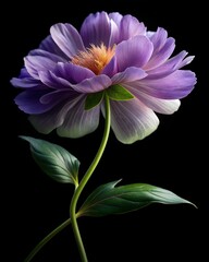 A delicate pion flower with green leaves and long stem, on a black background